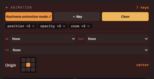The Animation panel with keyframe animation mode active and per-property key chips