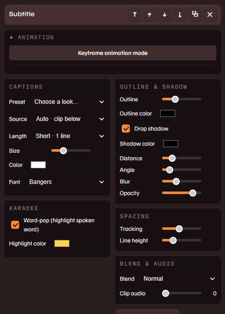 The caption inspector: preset, source, length, size, color, font, word-pop toggle, outline and shadow, spacing, blend
