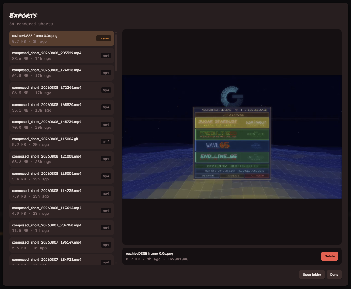 The Exports view: render queue and finished videos with a playable preview