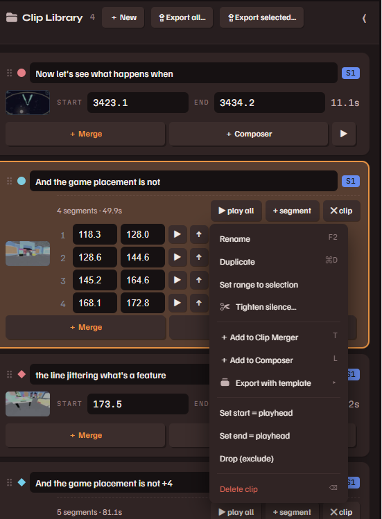 Clip Library cards: thumbnail, editable start and end times, Merge and Composer buttons on each