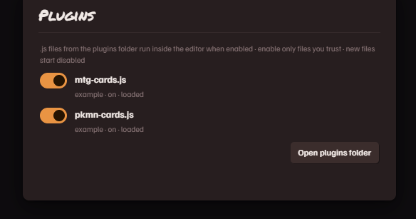 The plugins panel with the bundled card-lookup examples