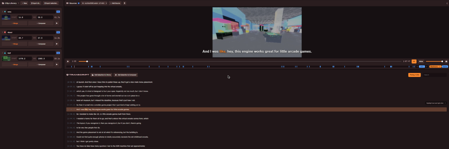 The Prepare view: player with karaoke captions over the video, word-level transcript below, Clip Library on the left