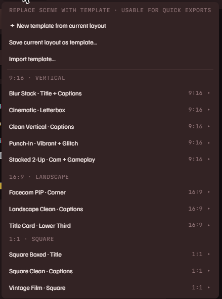 The Templates menu: save and import actions, then templates grouped by aspect - vertical, landscape, square
