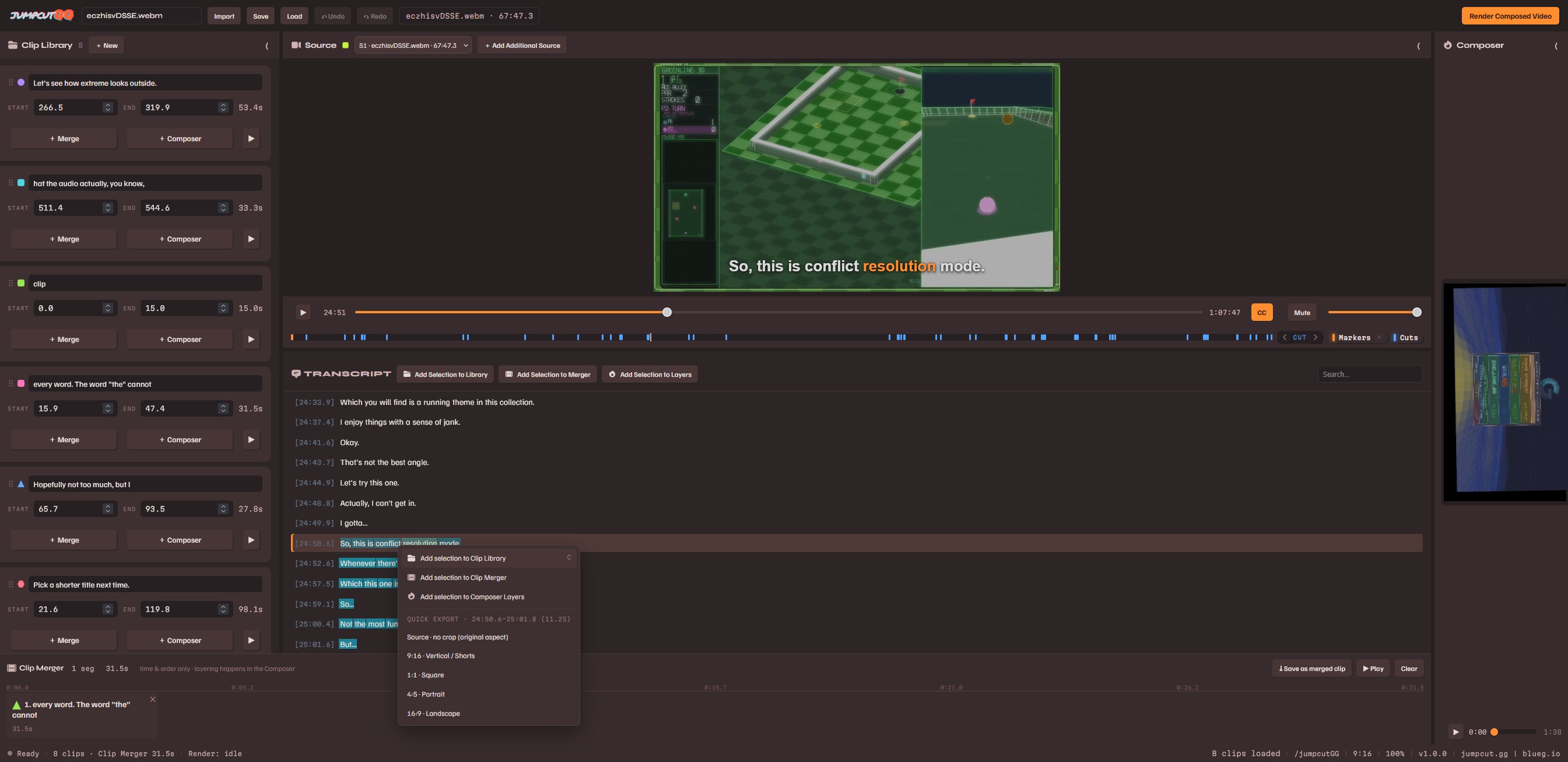 JumpcutGG local export workflow